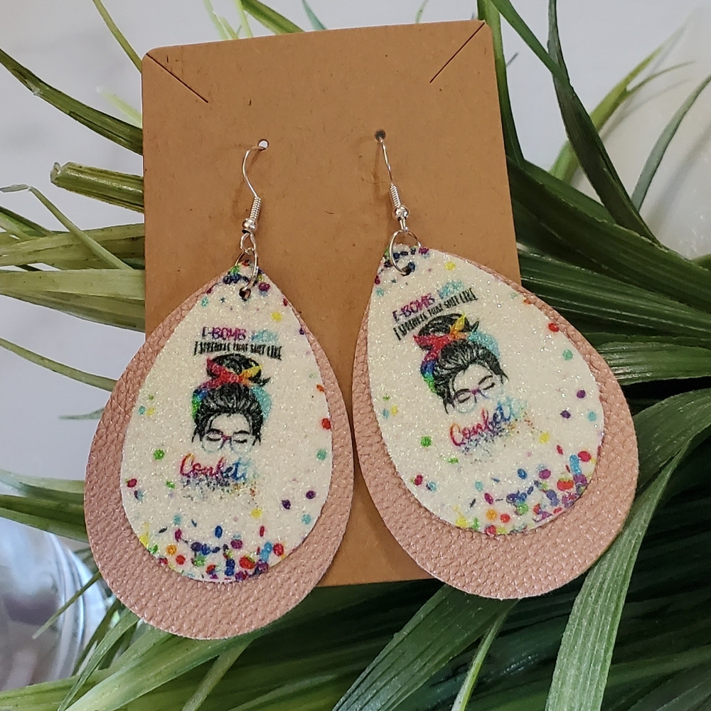 F-BOMB MOM Faux Leather Teardrop Earrings